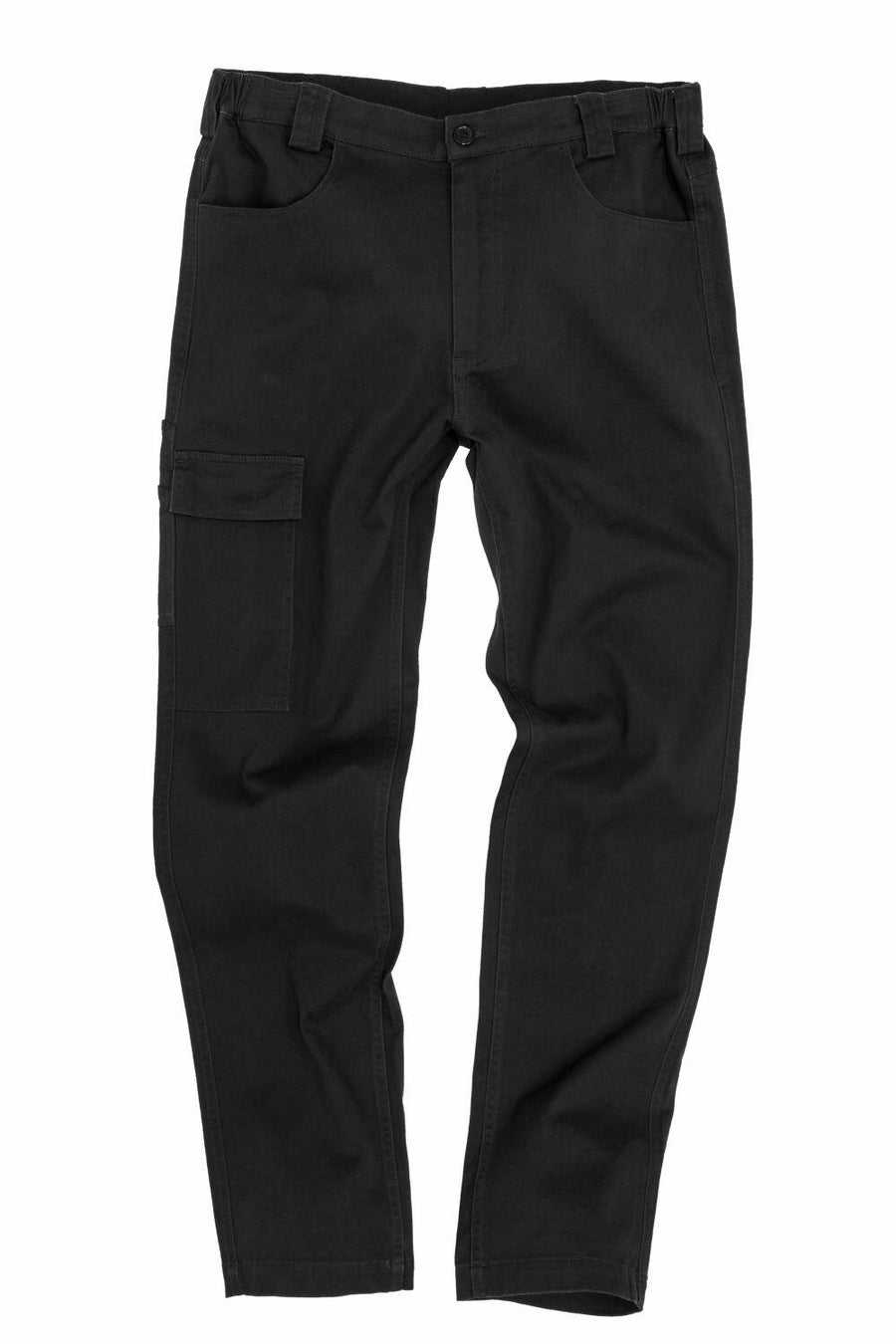 Result Workguard's R470M cargo pants, in black, feature a button and zipper closure and multiple pockets, including one on the side. These pants are displayed against a white background.