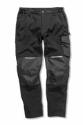 Result Workguard's R473X are black work pants featuring reinforced knees, multiple pockets, and an elastic waistband, showcased against a white background.