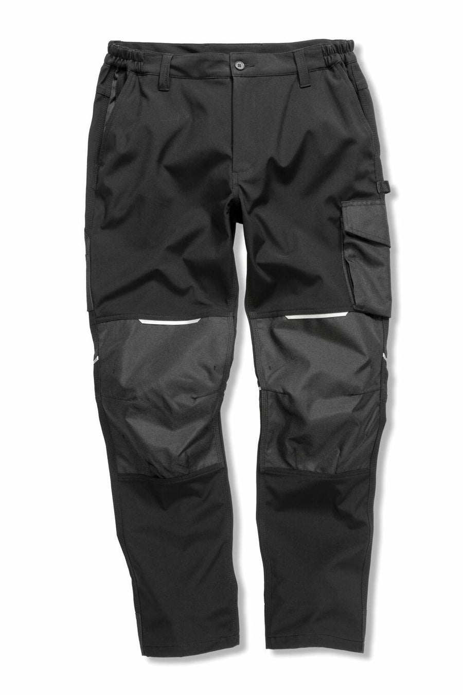 Result Workguard's R473X are black work pants featuring reinforced knees, multiple pockets, and an elastic waistband, showcased against a white background.