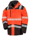 The R475X by Result Safeguard is a high-visibility jacket in orange and black, featuring reflective stripes and multiple pockets.