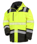 The R475X jacket by Result Safeguard is a high-visibility yellow and black jacket featuring reflective striping.