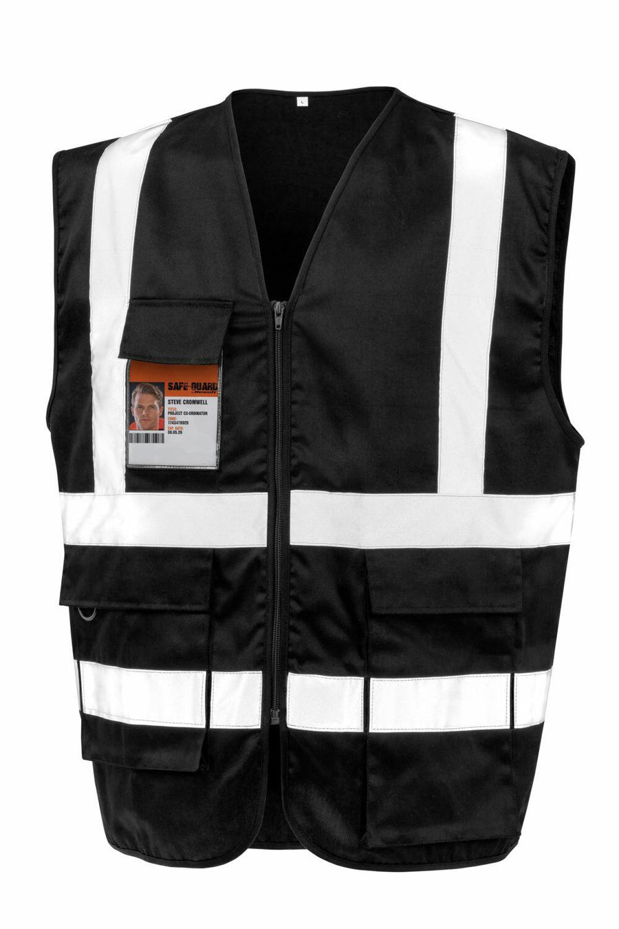 The R477X by Result Safeguard is a black safety vest featuring white reflective stripes, a front zipper, multiple pockets, and an ID badge holder.