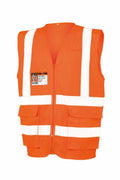 The Result Safeguard R479X is an orange safety vest with white reflective stripes, equipped with a chest ID badge holder and several pockets.