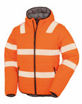 Result Genuine Recycled's R500X is a vivid orange puffer jacket featuring white reflective stripes and a front zipper.