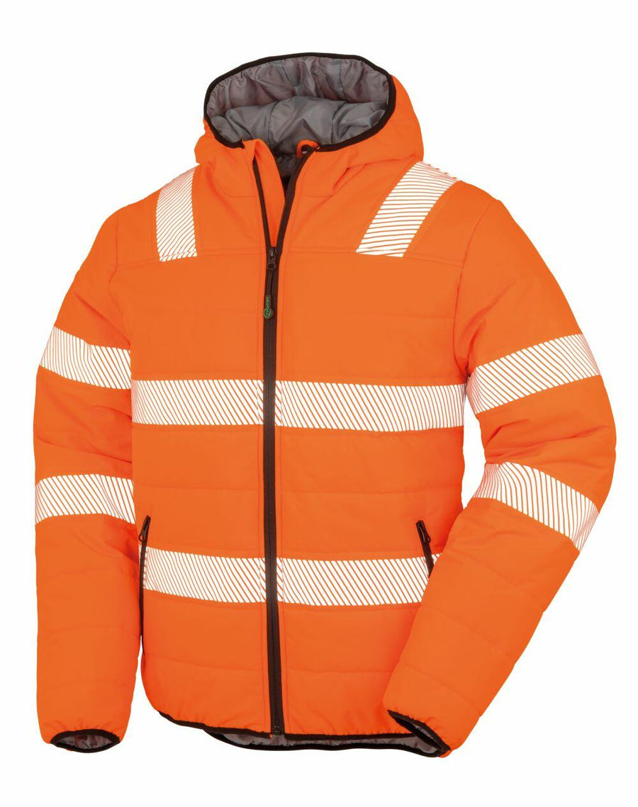 Result Genuine Recycled's R500X is a vivid orange puffer jacket featuring white reflective stripes and a front zipper.