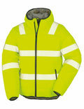 The R500X by Result Genuine Recycled is a bright yellow high-visibility jacket featuring reflective stripes, a zipper front, and a hood.