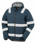 The R500X by Result Genuine Recycled is a dark green puffer jacket featuring white reflective bands on the chest, arms, and torso. This stylish piece includes a hood, zipper closure, and two side pockets for convenience.
