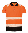 The R501X polo shirt from Result Genuine Recycled is designed in orange for high visibility and includes a black collar and hem, complete with reflective white stripes across the chest and shoulders.