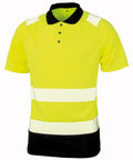 The R501X by Result Genuine Recycled is a bright yellow safety shirt with a black collar and hem, highlighted by reflective horizontal stripes on the torso and sleeves.