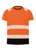 The R502X by Result Genuine Recycled is a bright orange T-shirt featuring white reflective stripes and a black hem.