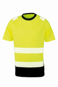 R502X safety shirt by Result Genuine Recycled in a bright yellow color, featuring reflective stripes and black trim.