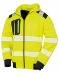 The R503X jacket by Result Genuine Recycled features a vibrant neon yellow color, complete with reflective stripes and black details on the shoulders and cuffs.
