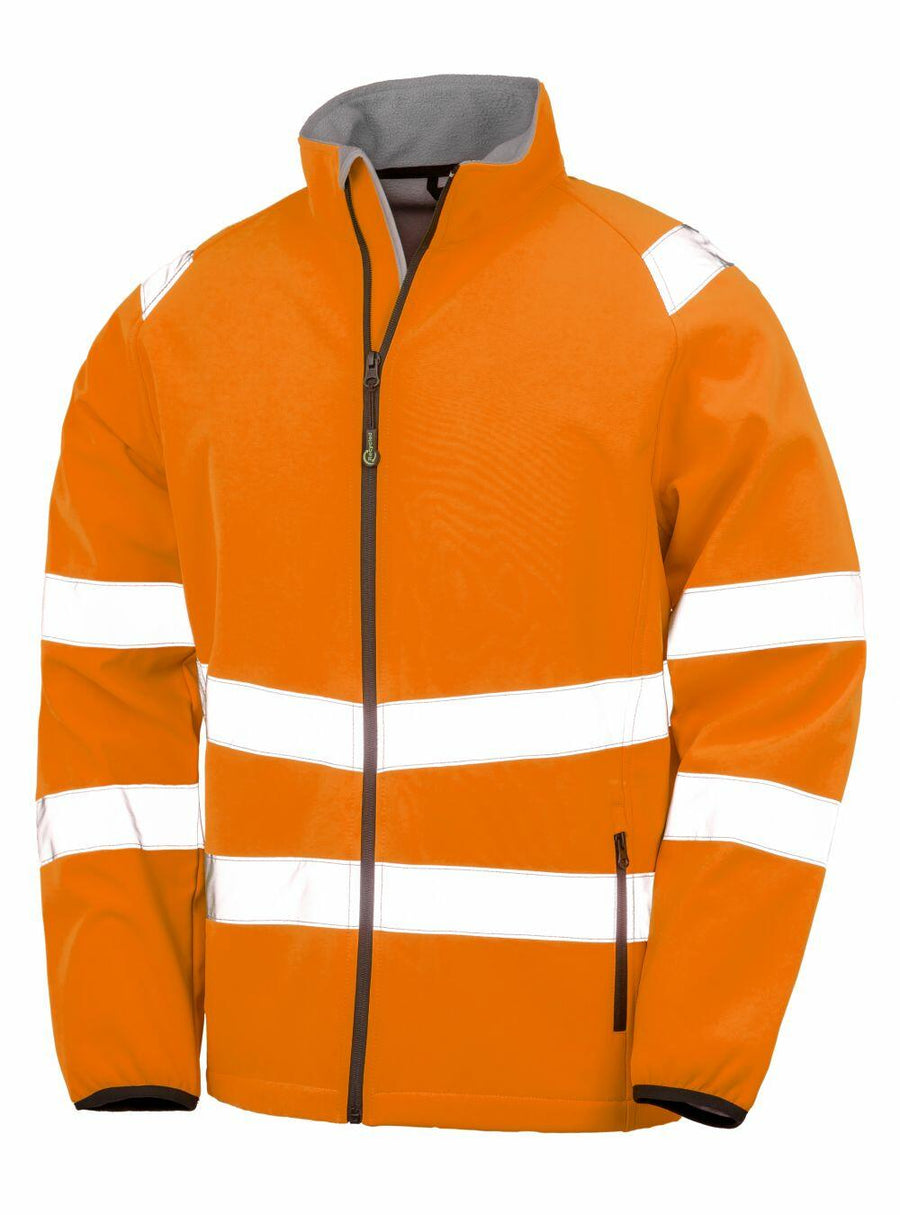 The Result Genuine Recycled R505X jacket is orange with reflective white stripes on the sleeves, chest, and waist. It features a front zipper and two side pockets.