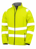 The R505X by Result Genuine Recycled is a bright yellow high-visibility jacket featuring reflective white stripes and black zippers.