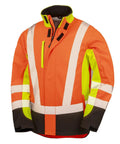 The Softshells high-visibility safety jacket features bright orange and yellow panels, reflective silver stripes, black sleeve and bottom accents, a front zip, and a small chest pocket.