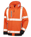 Jackets: High-visibility orange jacket with silver reflective stripes, hood, black cuffs, and three zippered pockets shown on a white background.