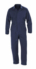 The R510X by Result Genuine Recycled is a navy blue coverall with long sleeves and a collar, featuring a front zipper and a chest pocket.