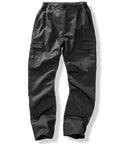 A pair of trousers in black, featuring multiple pockets, an elasticated waistband, button and zip fastening, and straight legs, displayed flat on a white background.