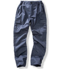 A pair of trousers in blue with elasticated waist sections, button and zip fastening, two side pockets, and two large flap thigh pockets, laid flat on a white background.
