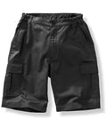 The shorts are black cargo shorts featuring side pockets, a front button and zip fastening, and an elasticated waistband. They are displayed flat on a white background.