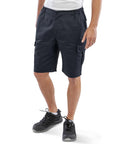 A person wearing Result Recycled work-guard utility shorts stands against a white background. The recycled shorts are black, feature side pockets and an elasticated waistband. Only the lower half of the person is visible.