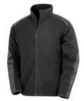 The Fleece is a black zip-up jacket with a stand collar, grey accents on the shoulders and lower sleeves, and front pockets, shown upright on a white background.