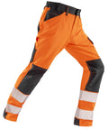 High-visibility orange Trousers with black knee patches and reflective bands on the lower legs, displayed without a visible wearer.