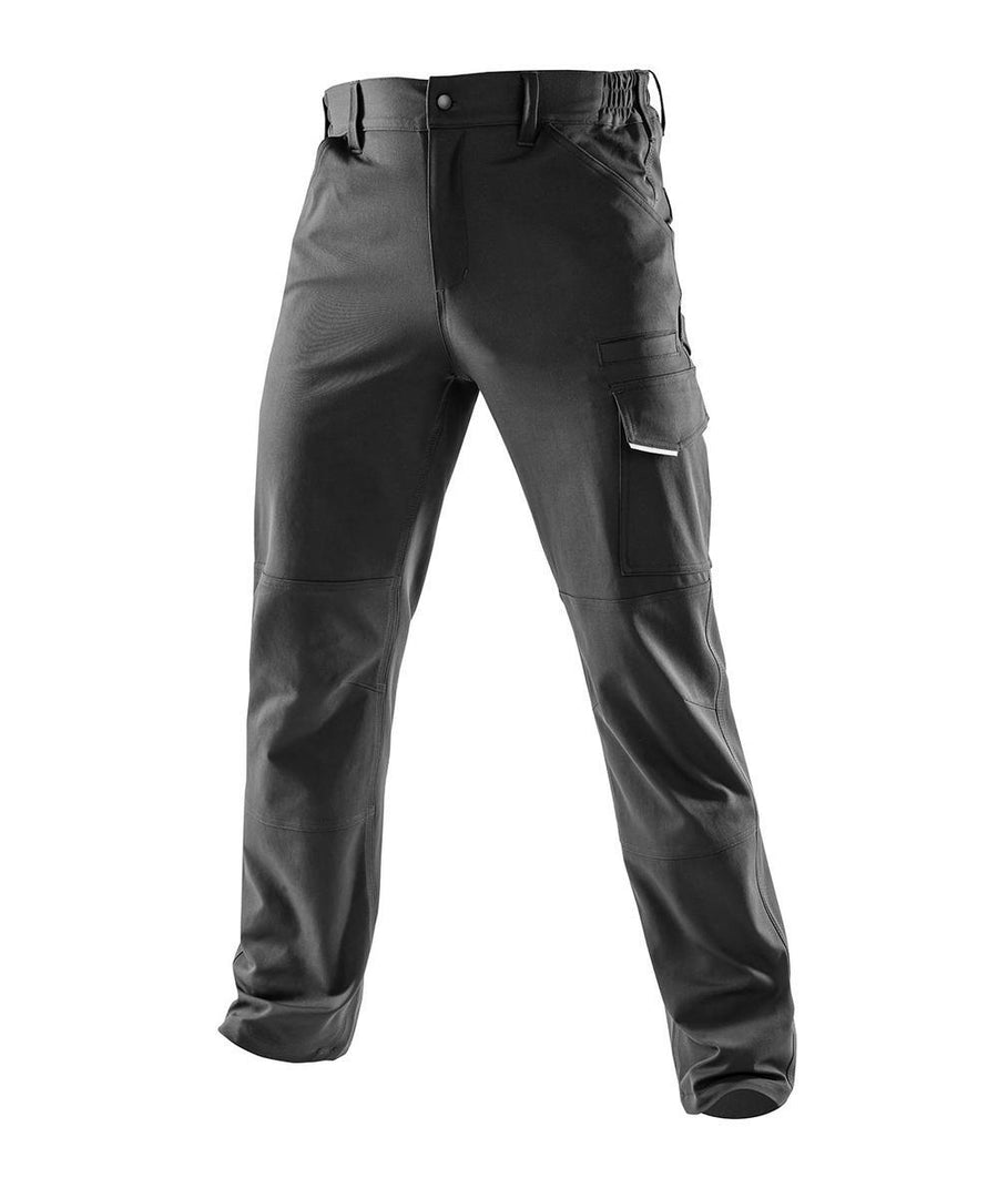 A pair of black trousers with button and zip fastening, belt loops, side pockets, and a flap pocket on the right thigh, shown against a white background.