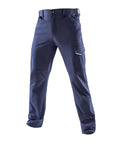 Navy blue trousers featuring a button and zip fastening, side pockets, and a right-leg cargo pocket, shown on a white background.