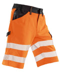 High-visibility orange shorts featuring reflective silver leg stripes, a black waistband, and multiple pockets for worksite safety.