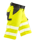 Shorts: High-visibility yellow work shorts with reflective strips and multiple pockets for enhanced safety and utility.