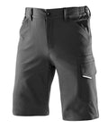 Black knee-length shorts featuring belt loops, an elasticated waistband, side pockets, and a flap pocket with tab fastening on the right leg.