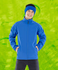 A person in a blue beanie and matching Result R901M zip-up jacket stands against a bright green abstract background, smiling with hands in pockets.