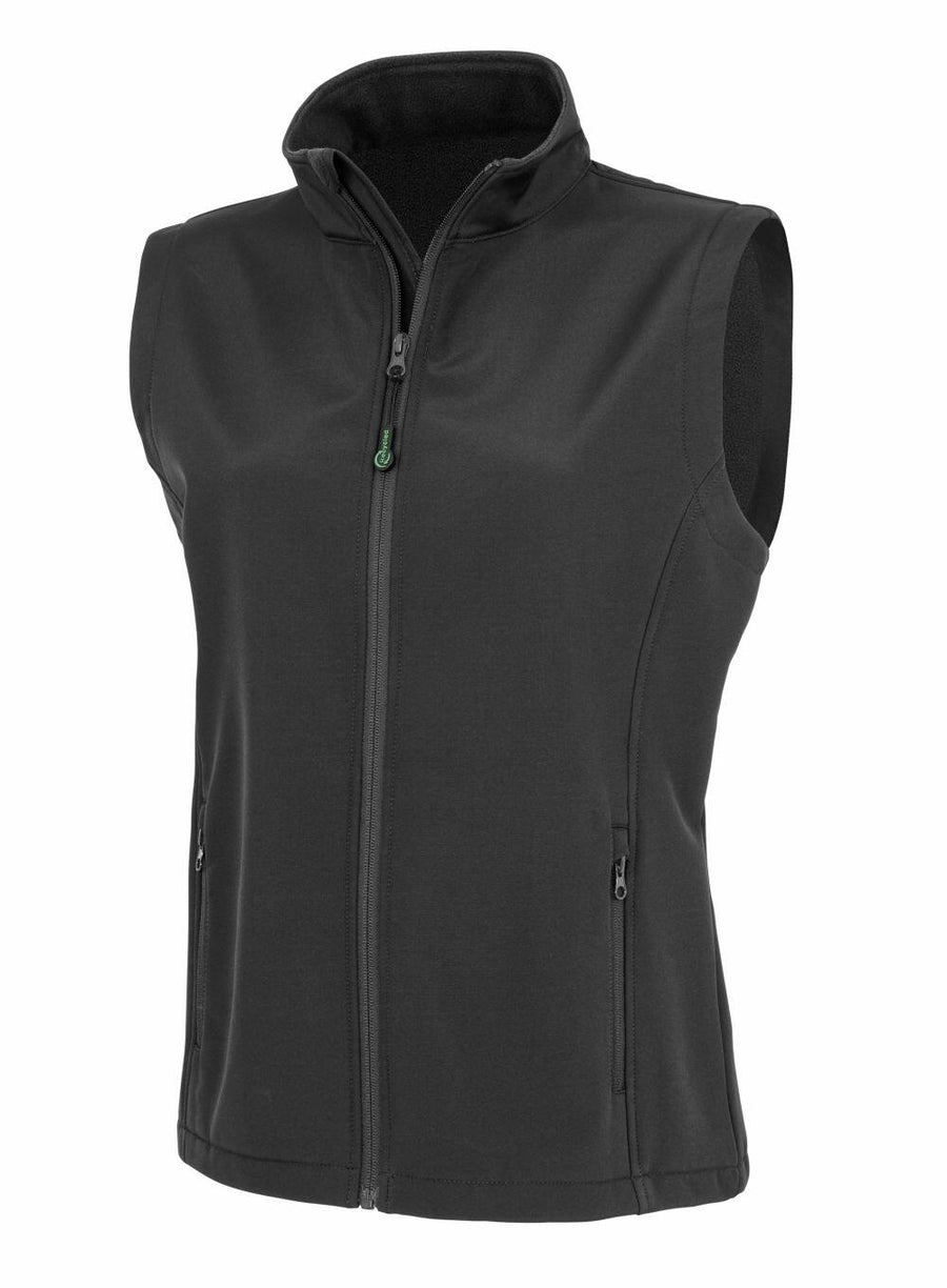 A black vest featuring a front zipper and two zippered side pockets, showcased against a white background, from Result Genuine Recycled's R902F collection.
