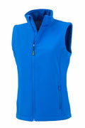 Product R902F by Result Genuine Recycled is a sleeveless blue jacket featuring a front zipper and two zippered pockets.