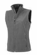 The R902F by Result Genuine Recycled is a sleek gray sleeveless zip-up vest featuring a high collar and two front zippered pockets, crafted from a smooth, soft material.