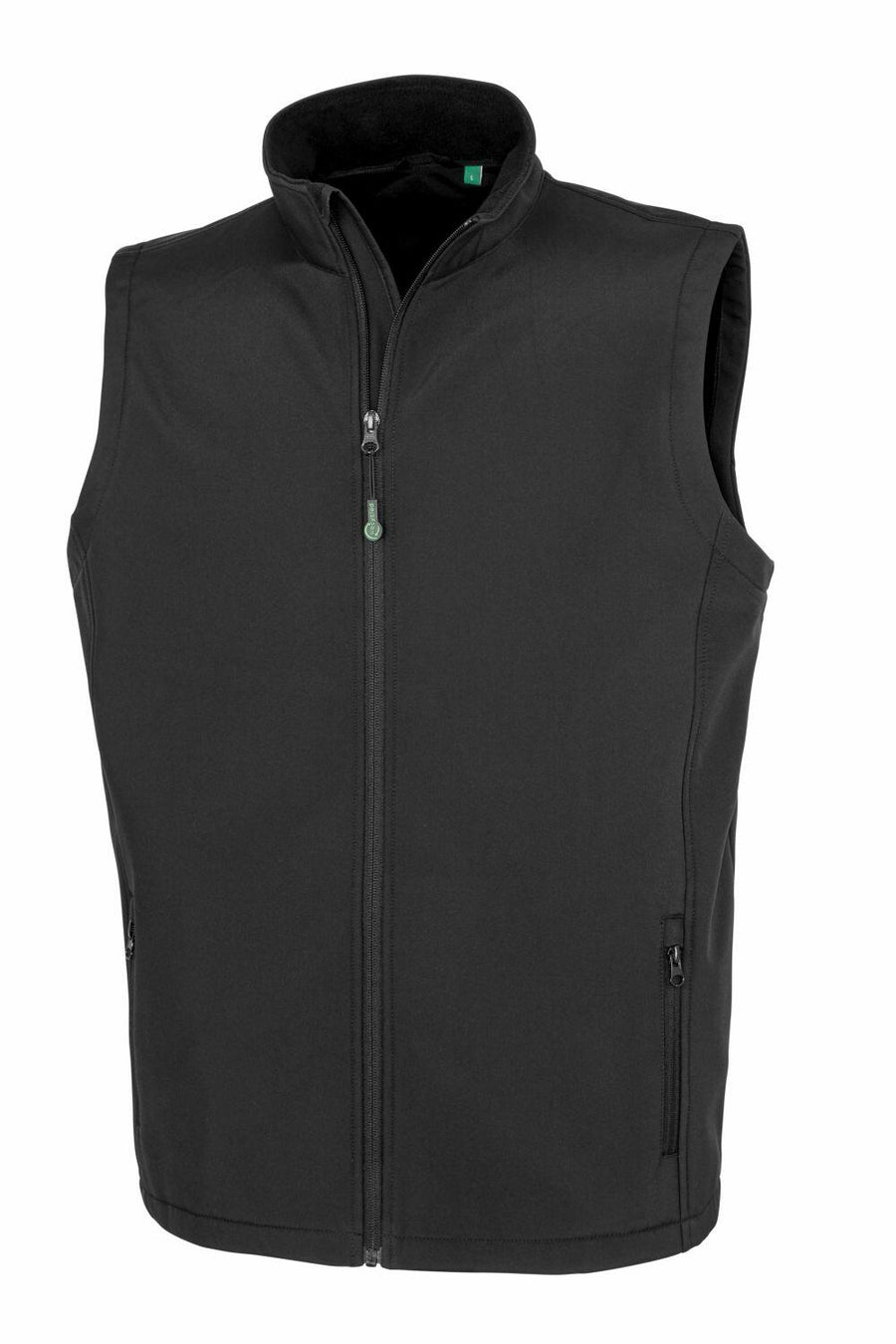 The R902M by Result Genuine Recycled is a black vest featuring a sleeveless design, a front zipper, and two zipped pockets.