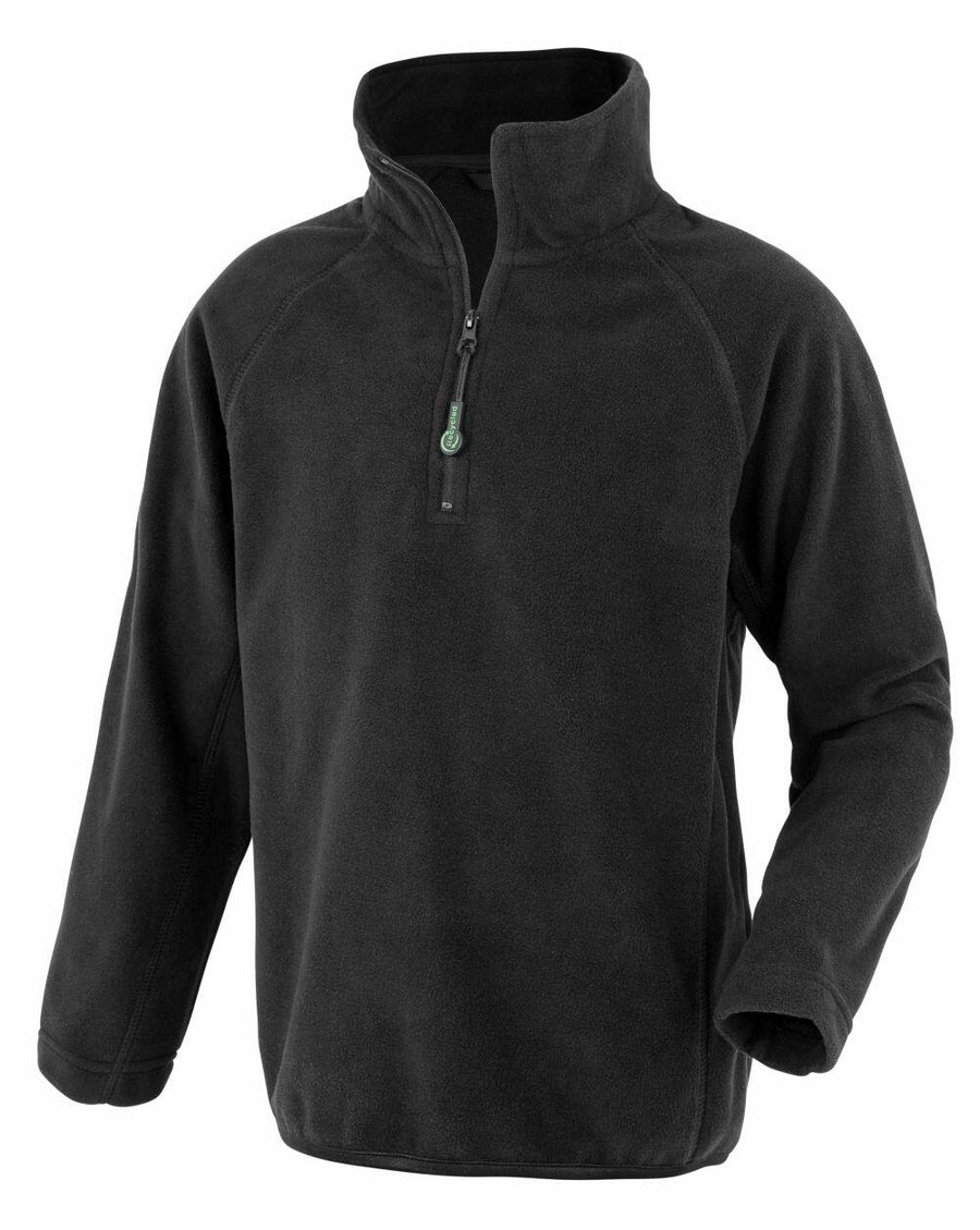 The Result Genuine Recycled R905J is a black fleece pullover featuring a quarter zip and stand-up collar, showcased on a white background.