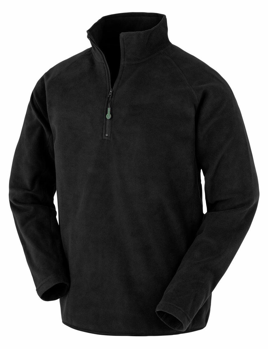 Result Genuine Recycled's R905X is a black fleece pullover featuring a quarter-zip front and long sleeves on a white background.