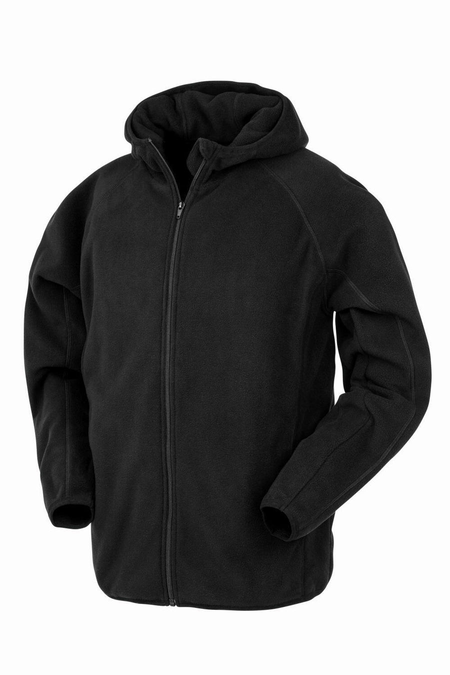 R906X by Result Genuine Recycled is a black hooded zip-up fleece jacket with long sleeves, shown on a white background.
