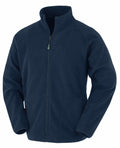 Displayed against a plain white background is the R907X by Result Genuine Recycled, a navy blue fleece jacket featuring a high collar, full front zipper, long sleeves, and a simple, classic design.