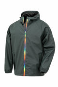 The R908X by Result Genuine Recycled is a dark green jacket with a colorful zipper and hood, complete with front pockets and elastic cuffs.