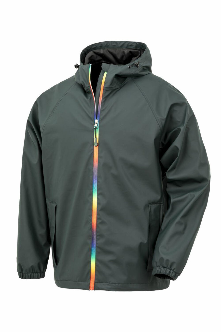 The R908X by Result Genuine Recycled is a dark green jacket with a colorful zipper and hood, complete with front pockets and elastic cuffs.