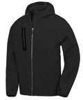 The Softshells jacket is black, features a hood, full front zip, zipped left chest pocket, and long sleeves. It has a simple, minimalist design with no visible logos or patterns.
