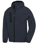 The Softshells jacket features a dark navy colour, full front zip, vertical zipped left chest pocket, two zipped side pockets, long sleeves, a high collar, and a hood.