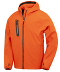 The Softshells jacket is bright orange with a hood, front zip, zipped left chest pocket, two side pockets, long sleeves, and visible black lining inside the hood.