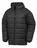 The Result Genuine Recycled R910X is a black puffy jacket, designed with a hood, front zipper, and two side pockets.