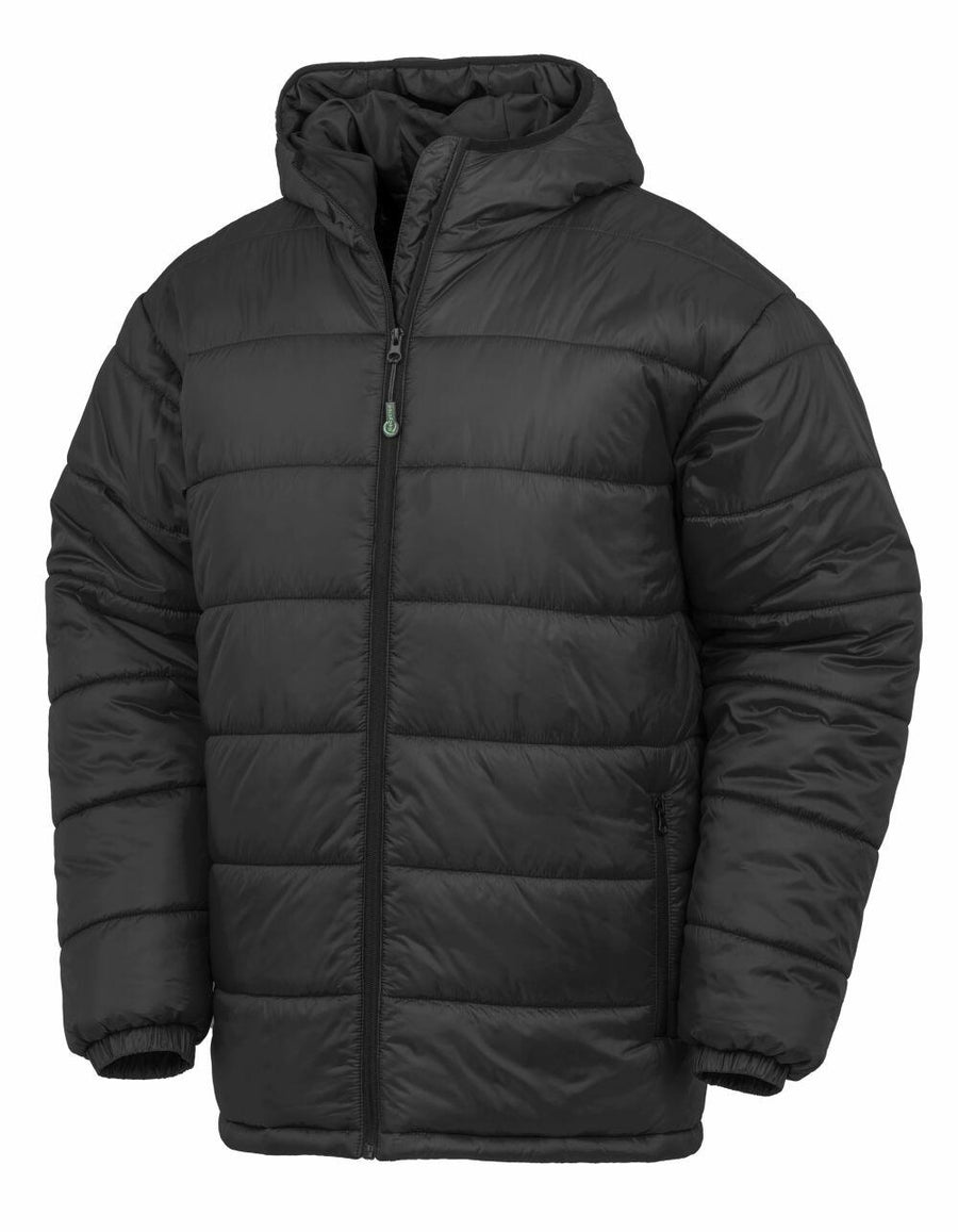 The Result Genuine Recycled R910X is a black puffy jacket, designed with a hood, front zipper, and two side pockets.