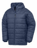 The R910X jacket by Result Genuine Recycled, featuring a blue puffer design with a hood and front zipper, is displayed against a white background.