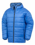 The Result Genuine Recycled R910X is a bright blue puffer jacket featuring a hood and front zipper.